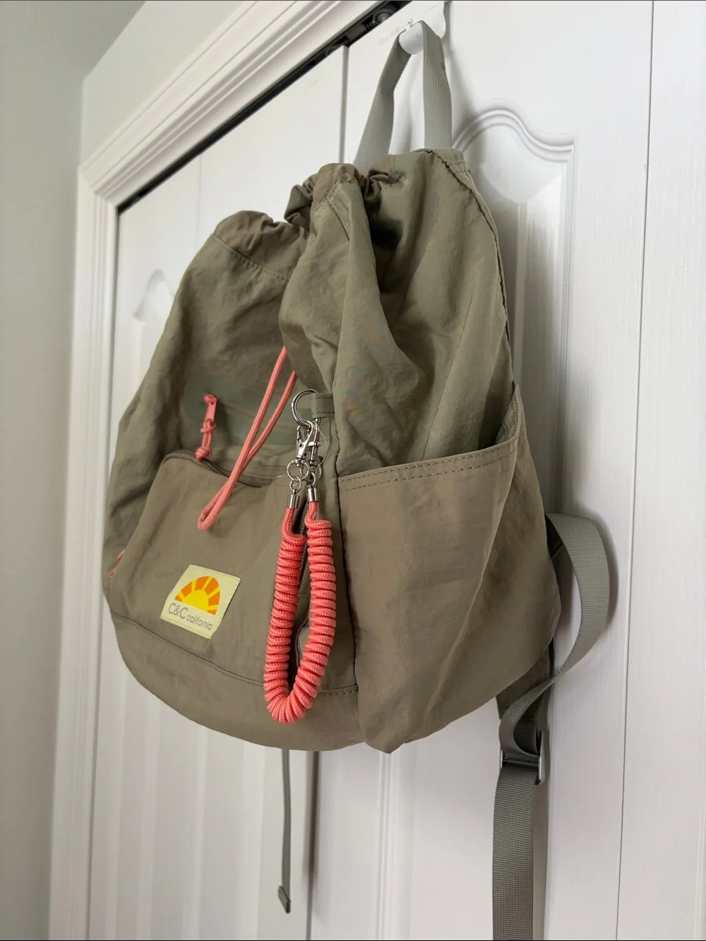 C&C California Olive Drawstring Backpack with Coral Accents